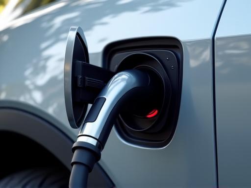Detail nabíjecího portu moderního elektrického automobilu.